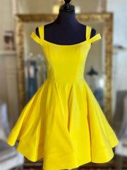 Prom Dress Beautiful, Off the Shoulder Short Yellow Satin Prom Dresses, Short Yellow Satin Formal Homecoming Dresses