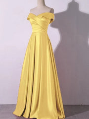 Prom Dress Designers, Off the Shoulder Yellow/Blue Satin Long Prom Dresses, Yellow/Blue Satin Formal Bridesmaid Dresses