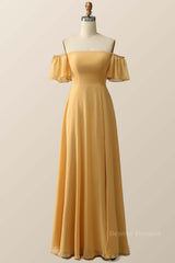 Formal Dresses Long Elegant Evening Gowns, Off the Shoulder Yellow Chiffon Long Bridesmaid Dress