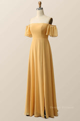 Formal Dresses Off The Shoulder, Off the Shoulder Yellow Chiffon Long Bridesmaid Dress