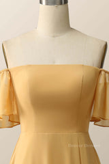 Formal Dresses Corset, Off the Shoulder Yellow Chiffon Long Bridesmaid Dress