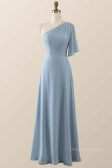 Bridesmaides Dresses Short, One Shoulder Blue Chiffon Long Bridesmaid Dress