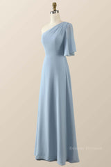 Bridesmaid Dress With Sleeve, One Shoulder Blue Chiffon Long Bridesmaid Dress