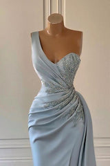 Pink Prom Dress, One shoulder blue prom dress in mermaid pleats