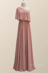 Evening Dress Cheap, One Shoulder Blush Pink Chiffon Crepe Bridesmaid Dress