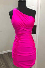 Bridesmaids Dress Trends, One Shoulder Hot Pink Short Homecoming Dress Night Dresses