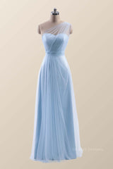Evening Dresses Suits, One Shoulder Light Blue Tulle A-line Bridesmaid Dress