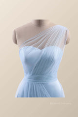 Evening Dress Gold, One Shoulder Light Blue Tulle A-line Bridesmaid Dress