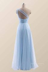 Evening Dresses Yellow, One Shoulder Light Blue Tulle A-line Bridesmaid Dress