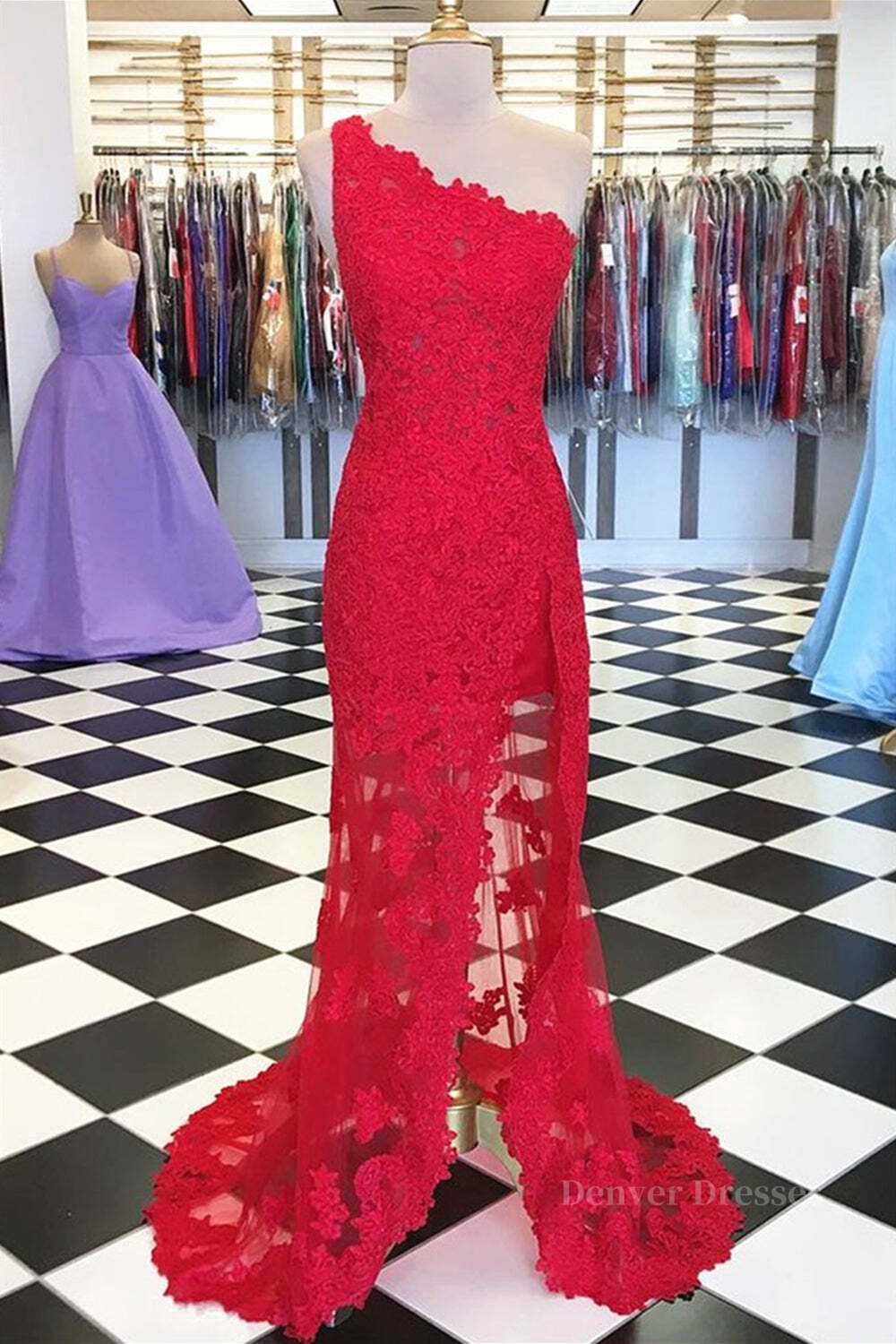Prom Dresses Affordable, One Shoulder Mermaid Red Lace Long Prom Dresses with High Slit