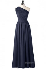 Homecoming Dresses For Girls, One Shoulder Navy Blue Pleated Long Bridesmaid Dress