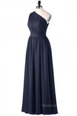 Homecoming Dress Shorts, One Shoulder Navy Blue Pleated Long Bridesmaid Dress