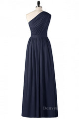 Homecomeing Dresses Short, One Shoulder Navy Blue Pleated Long Bridesmaid Dress