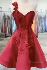 Elegant Dress For Women, One Shoulder Open Back Burgundy Floral Short Prom Dress, Wine Red Floral Formal Evening Homecoming Dress