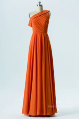 Formal Dresses Long Sleeves, One Shoulder Orange Chiffon A-line Long Bridesmaid Dress