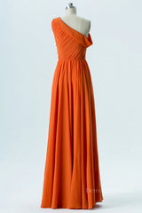 Formal Dresses For Middle School, One Shoulder Orange Chiffon A-line Long Bridesmaid Dress