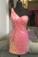 Bridesmaid Dresses Gowns, One Shoulder Pink Sequin Bodycon Homecoming Dress