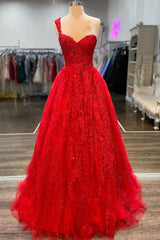 Prom Dress Ideas, One Shoulder Red A-line Appliques Tulle Formal Evening Gown