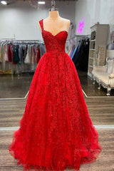 Party Dresses Ladies, One Shoulder Red Lace Prom Dresses, One Shoulder Red Lace Formal Evening Dresses