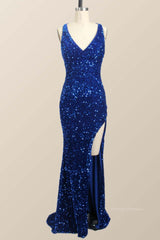 Prom Dresses 2057 Cheap, One Shoulder Royal Blue Sequin Slit Long Prom Dress