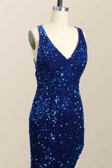 Prom Dresses Ballgown, One Shoulder Royal Blue Sequin Slit Long Prom Dress