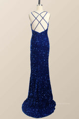 Prom Dress Ballgown, One Shoulder Royal Blue Sequin Slit Long Prom Dress
