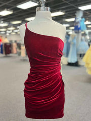Modest Dress, One Shoulder Short Burgundy Prom Dresses, Wine Red Short Formal Homecoming Dresses