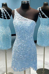Formal Dresses Over 72, One Shoulder Short Lace Prom Dresses, Short Lace Formal Homecoming Dresses