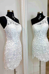Formal Dresses For Winter Wedding, One Shoulder Short Lace Prom Dresses, Short Lace Formal Homecoming Dresses