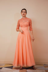 Prom Dress With Pocket, Lace Chiffon Long Zipper Back Mother of the Bride Dresses With Sleeves