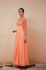 Prom Dresses With Pockets, Lace Chiffon Long Zipper Back Mother of the Bride Dresses With Sleeves
