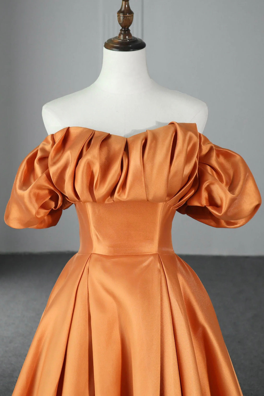 Country Wedding, Orange Satin A-Line Floor Length Prom Dress, Off the Shoulder Evening Party Dress