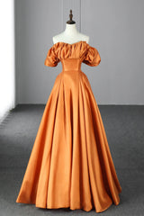Bridesmaid Dresses Modest, Orange Satin A-Line Floor Length Prom Dress, Off the Shoulder Evening Party Dress