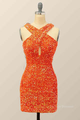 Prom Dress Spring, Orange Sheath Halter Sequins Cut-Out Mini Homecoming Dress