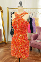 Prom Dress A Line, Orange Sheath Halter Sequins Cut-Out Mini Homecoming Dress