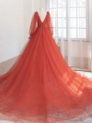 Bridesmaids Dress Designs, Orange v neck tulle long prom dress, orange evening dress