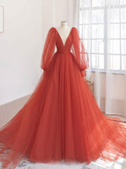 Bridesmaids Dress Designers, Orange v neck tulle long prom dress, orange evening dress