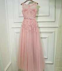 Bridesmaids Dress Colors, Pink Lace Tulle Long A Line Prom Dress, Pink Evening Dress, 1
