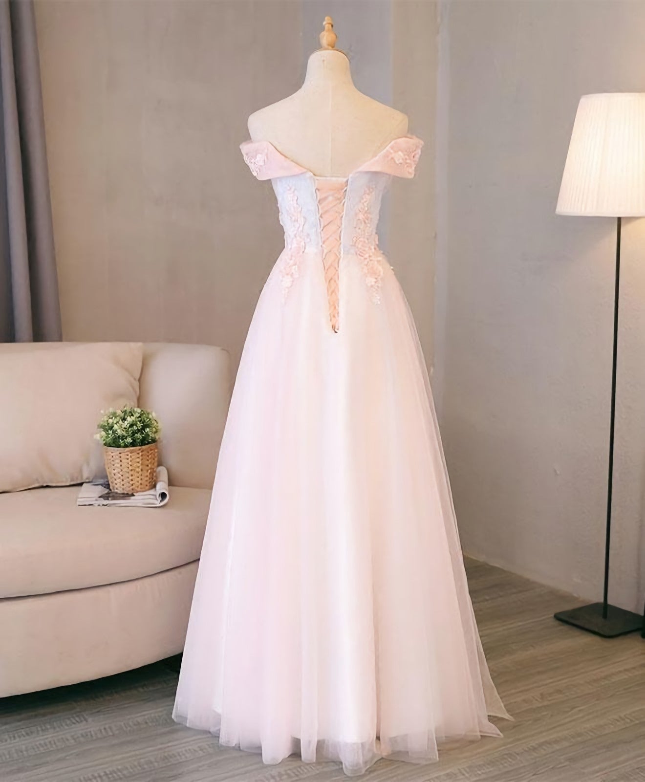 Bridesmaid Dresses With Sleeves, Light Pink Lace Off Shoulder Lonng Prom Dress, Pink Evening Dress
