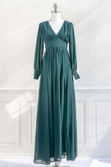 Evening Dresses Green, Pine Deep V Neck Long Sleeves Empire Chiffon Long Prom Dress