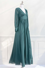 Evening Dress Mermaid, Pine Deep V Neck Long Sleeves Empire Chiffon Long Prom Dress