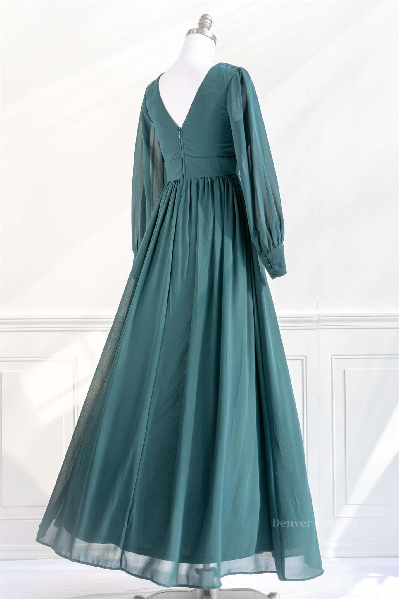 Evening Dress Vintage, Pine Deep V Neck Long Sleeves Empire Chiffon Long Prom Dress