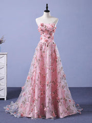Prom Dresses Princess, Pink 3D Flower Long Prom Dresses, 3D Floral Pink Long Formal Evening Dresses