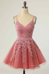 Evening Dress Black, Pink A-line Double Straps V Neck Lace-Up Applique Mini Homecoming Dress