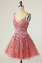 Evening Dresses Black, Pink A-line Double Straps V Neck Lace-Up Applique Mini Homecoming Dress