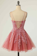Evening Dress Prom, Pink A-line Double Straps V Neck Lace-Up Applique Mini Homecoming Dress