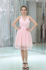Evening Dresses For Weddings Guest, Pink A-Line Mini Lace Bridesmaid Dresses