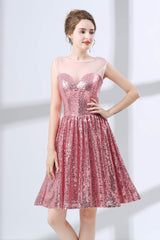 Prom Dresses Long Ball Gown, Pink A-Line Sequined Short Homecoming Dresses