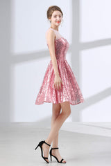 Prom Dress Sleeve, Pink A-Line Sequined Short Homecoming Dresses