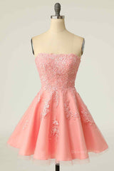 Evening Dress Lace, Pink A-line Strapless Lace-Up Back Applique Tulle Mini Homecoming Dress